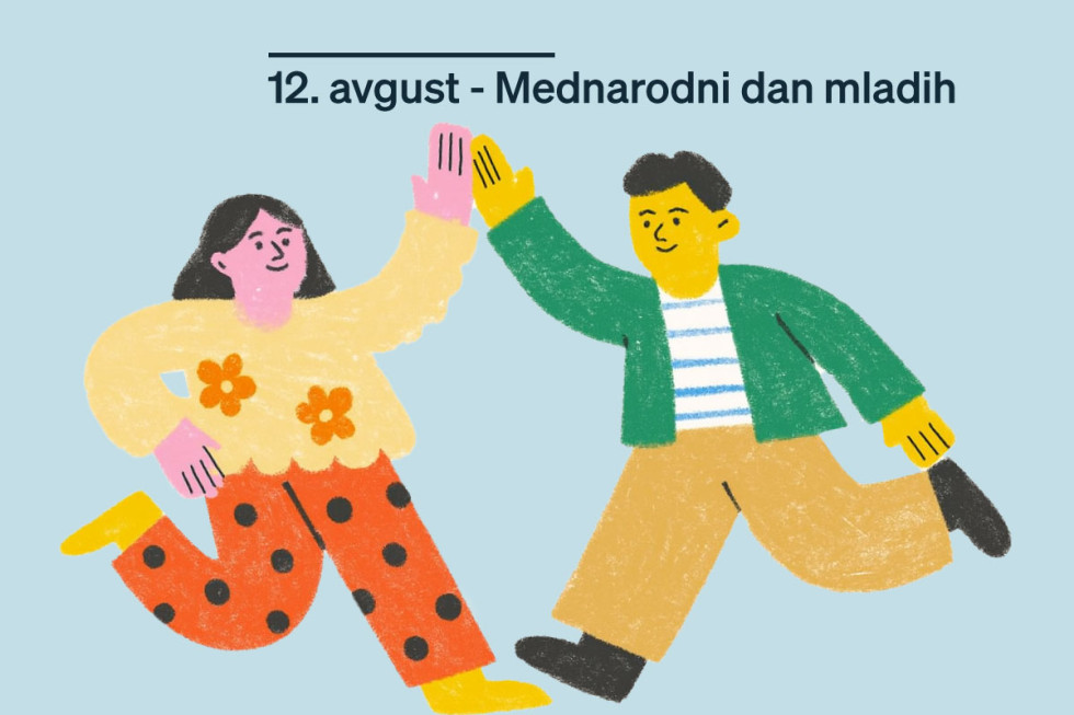 Ilustrirana plešoča dekle in fant, nad njima napis 12. avgust - Mednarodni dan mladih 