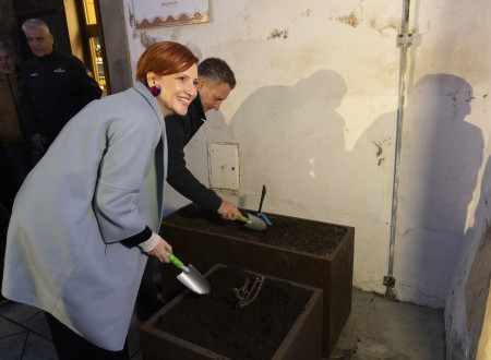 Ministrica za kulturo in župan z lopatkama sadita vsak svojo sadiko drevesa v dveh visokih gredah v notranjosti gradu