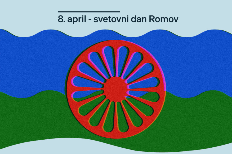 Zeleno-morda romska zastava s kolesom in šestnajstimi prečniki, nad njo napis 8. april – svetovni dan Romov