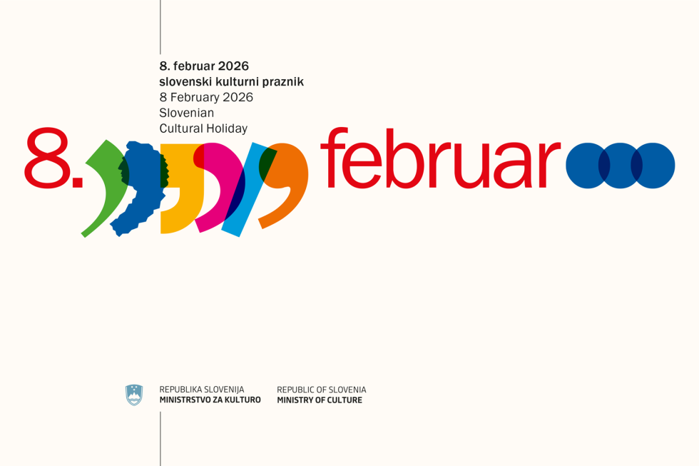 Osmi februar, slovenski kulturni praznik, Slovene Cultural Holiday, osmi februar izbiran z rdečo, med osmico in februarjem so barvno in oblikovno različne vejice, med njimi modra vejica, ki izrisuje doprsni portret Franceta Prešerna
