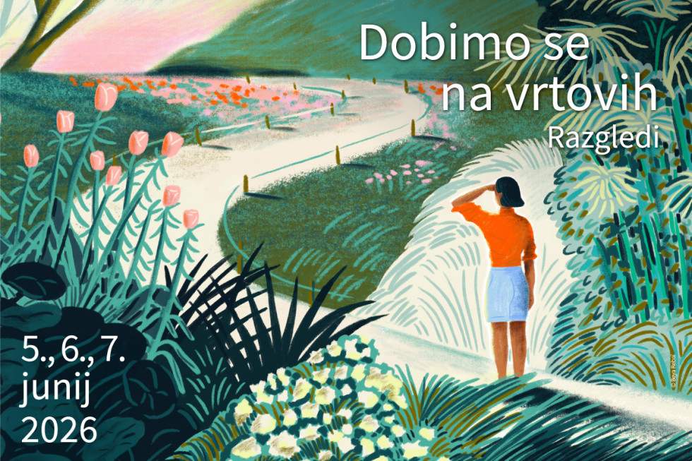 Ilustracija zelene pokrajine pokrite s cvetlicami in drevesi, po sredi poteka vijugava cesta, na cesti stoji dekle, ki opazuje pokrajino