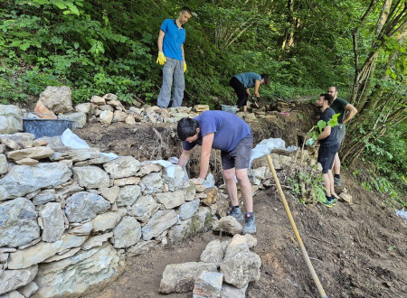 Štirje moški in ženska ob robu gozda gradijo kamniti zid 