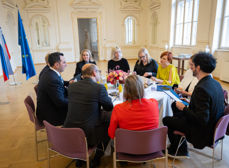 Deset predstavnikov in predstavnic slovenske in evropske delegacije sedi za krožno mizo, prekrito z belim prtom, in razpravlja