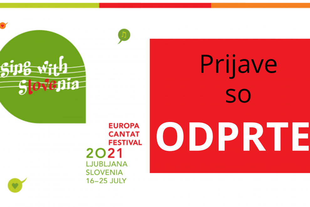 Oglasna pasica za festival Europa Cantat z logom festivala in besedilom: Prijave so odprte