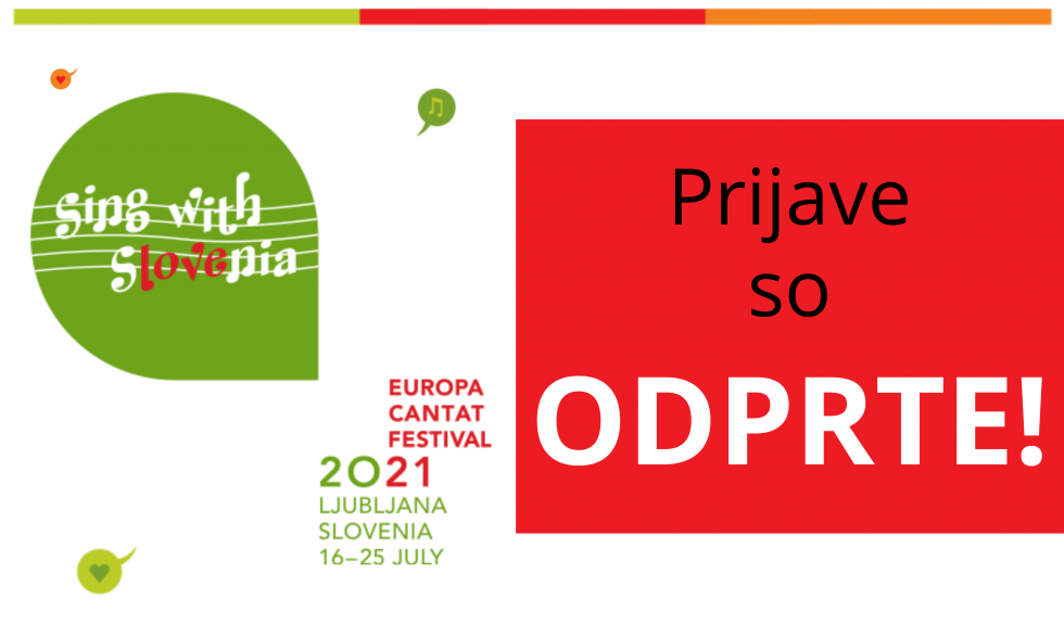Oglasna pasica za festival Europa Cantat z logom festivala in besedilom: Prijave so odprte