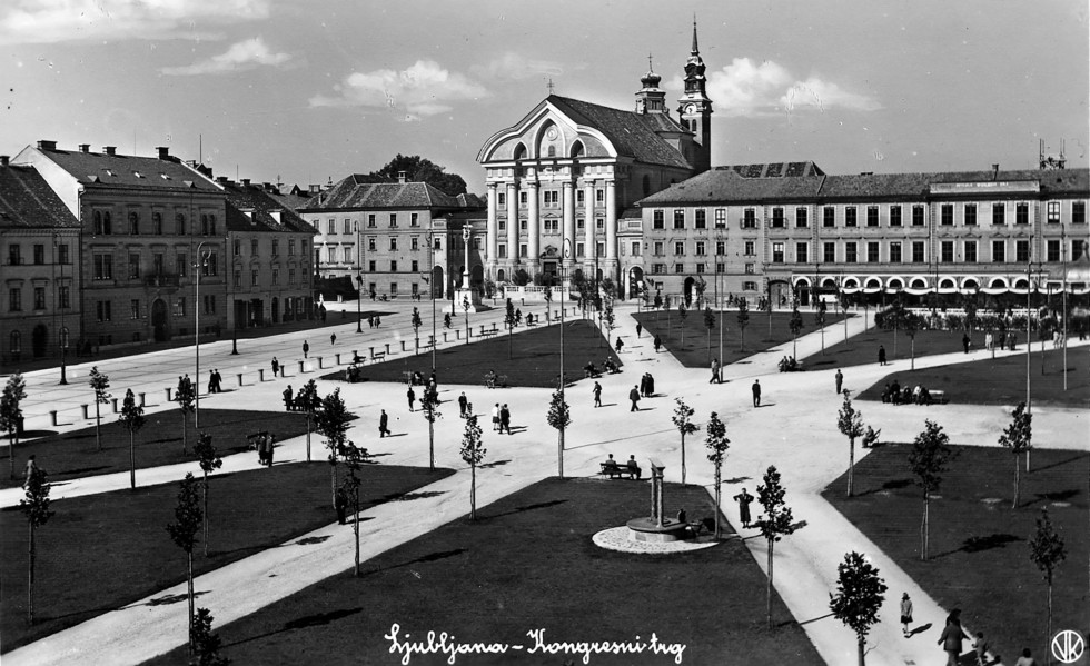 Black and white photo of the Congress Square (Kongresni trg) in Ljubljana