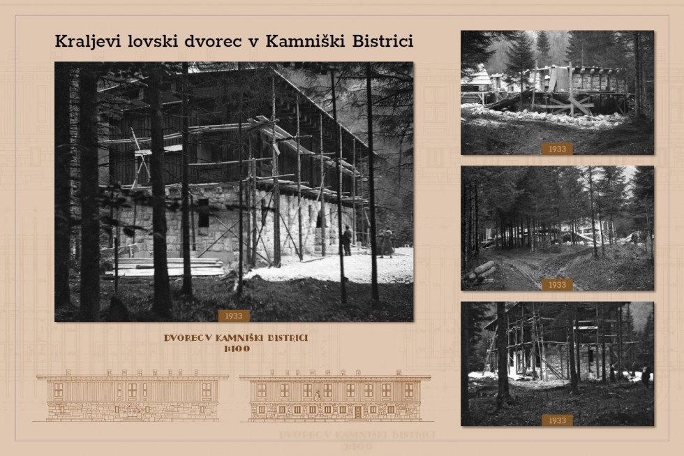 Štiri črno bele fotografije poteka gradnje Kraljevega dvorca v Kamniški Bistrici leta 1933 z načrtom v merilu 1:100