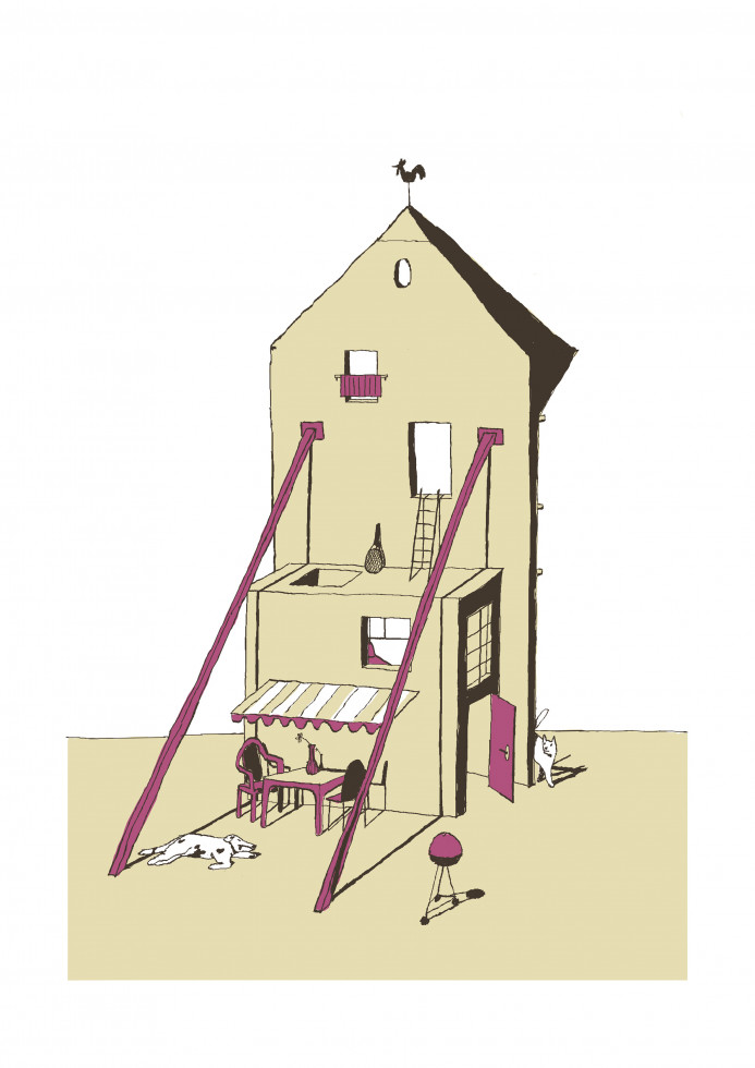 Illustration of a sunny house in four colors: yellow, pink, white and black. In the left part of the garden, right next to the house, there is a table with two chairs under the awning, a dog is lying in front of it, a cat is coming from behind the right c