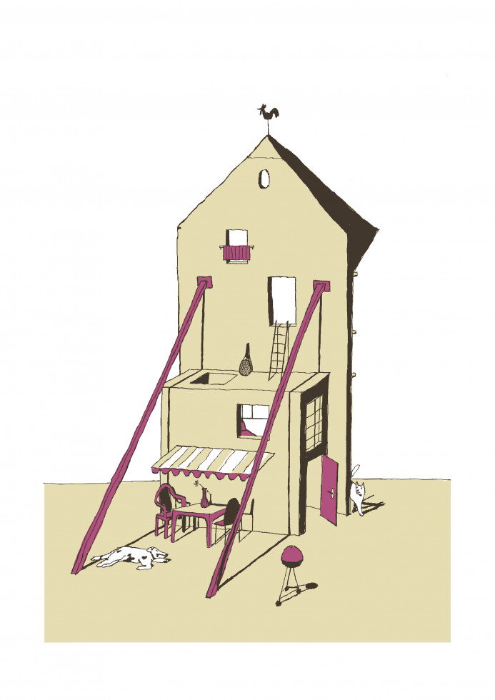 Ilustracija osončene hiše v štirih barvah: rumeni, rozi, beli in črni. V levem delu vrta, tik ob hiši, je pod tendo miza z dvema stoloma, pred njo leži kuža, mačka prihaja izza desnega vogala hiše, nekaj korakov pred njo stoji žar. 