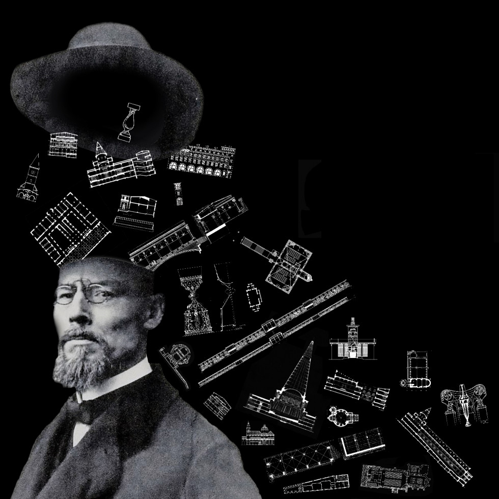 Črno bela ilustracija Plečnika in njegovih del, ki lebdijo v zraku med njegovim hrbtom in značilnim Plečnikovim klobukom