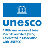 Tempelj s stebri v obliki črk, ki sestavljajo besedo Unesco, na modrem pasu, pod njim napis Unesco. 150. obletnica rojstva arhitekta Jožeta Plečnika (1872). Praznujemo v sodelovanju z Unescom.