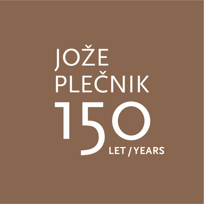 Logotip Plečnikovega leta: napis z belimi velikimi tiskanimi črkami Jože Plečnik in 150 let na rjavi podlagi