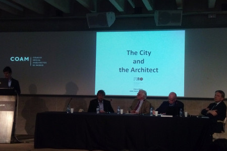 Participants in a roundtable discussion at the opening of the exhibition at the Official Chamber of Architects of Madrid