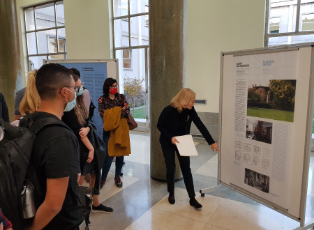 Guided tour by Natalija Lapajne of the exhibition in the atrium of the School of Arts and Humanities of the University of Lisbon