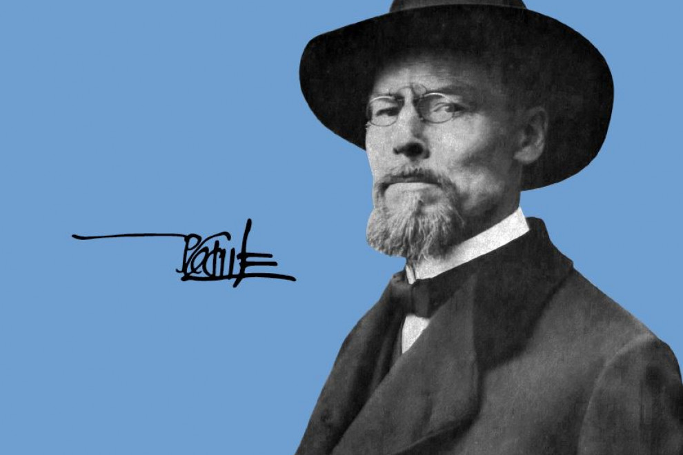 Portrait of Jože Plečnik on a blue background with his signature