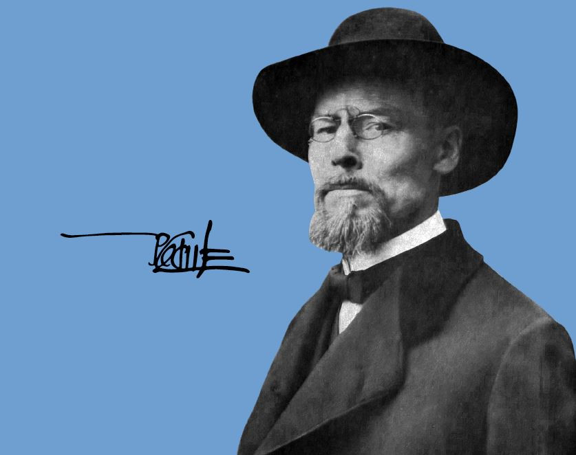 Portrait of Jože Plečnik on a blue background with his signature