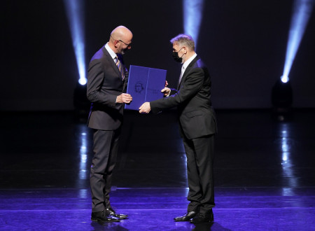 Theatre actor Boris Ostan accepting award on belhalf of theatre actress Jette Ostan Vejrup, who received Prešeren Fund Award for several premiere roles over the last three years.