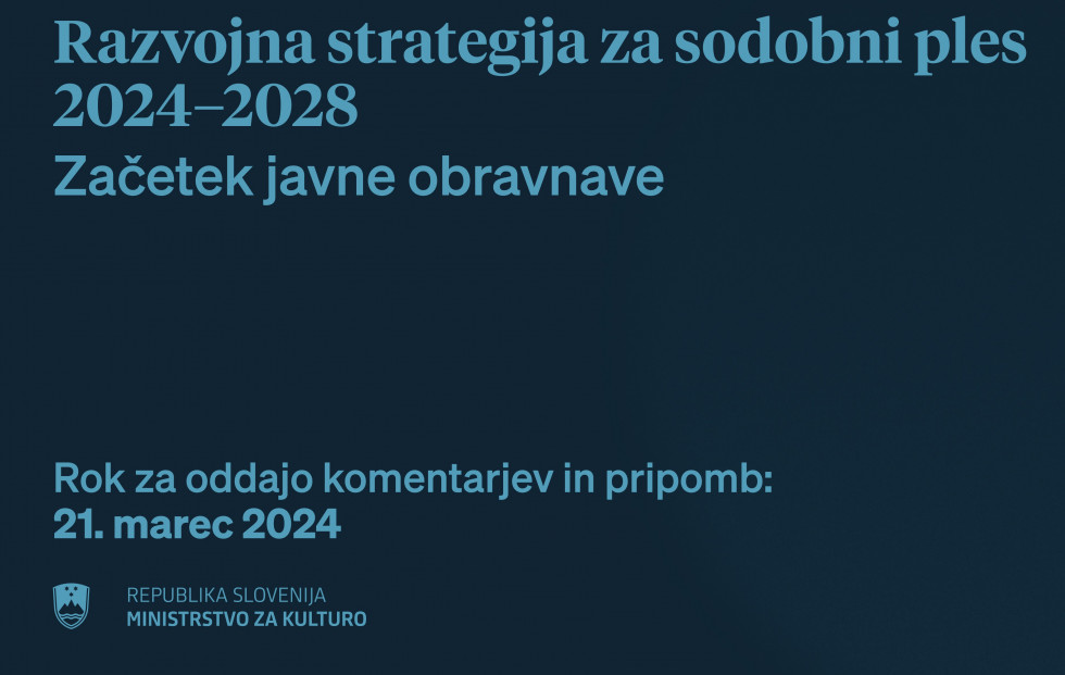 Infografika z napisom Strategija za sodobni ples 2024–2028, začetek javne obravnave