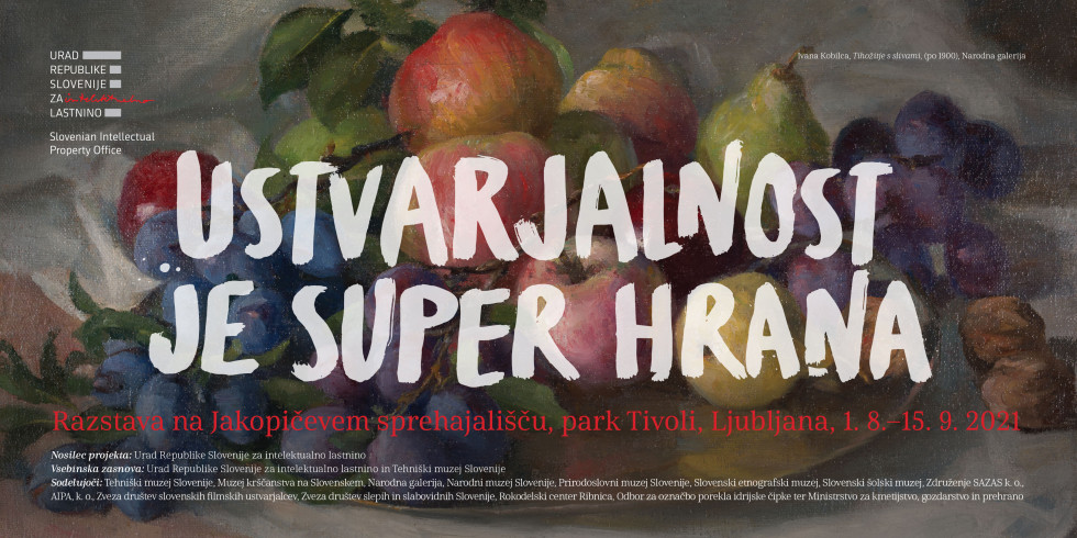 Plakat razstave s sadjem in napisom ustvarjalnost je superhrana