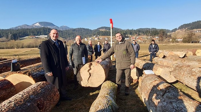 Minister, direktor družbe Slovenski državni gozdovi Robert Tomazinin drugi udeleženci stojijo ob hlodu.