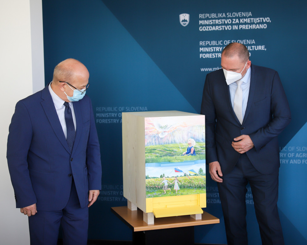 Minister and ambassador standing and looking at the beehive.