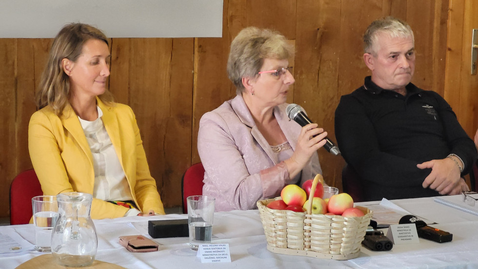 Ministrica drži mikrofon v rokah in govori.
