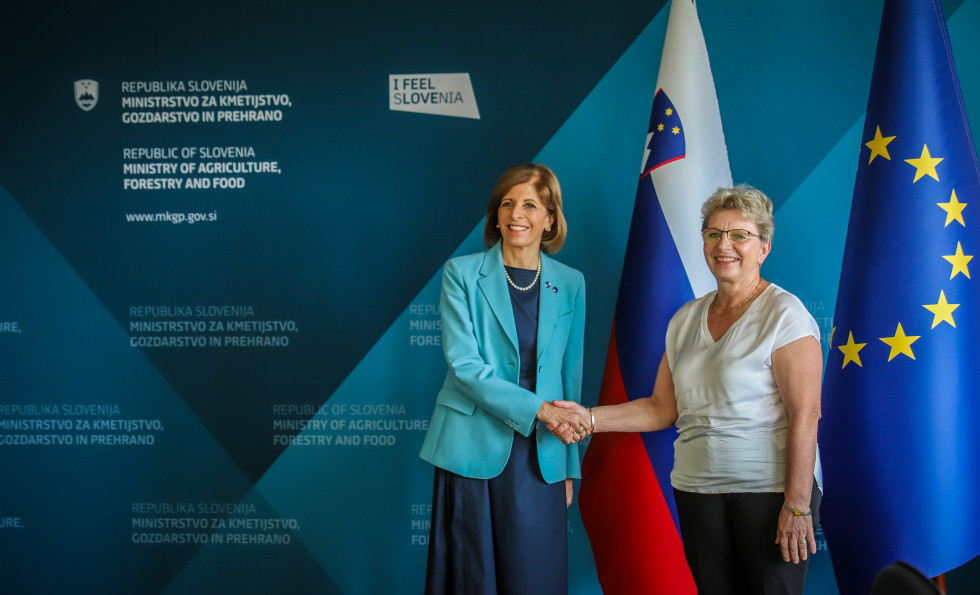 Minister Irena Šinko and EU Commissioner Stella Kyriakides shaking hands, behind them is a Slovenian flag