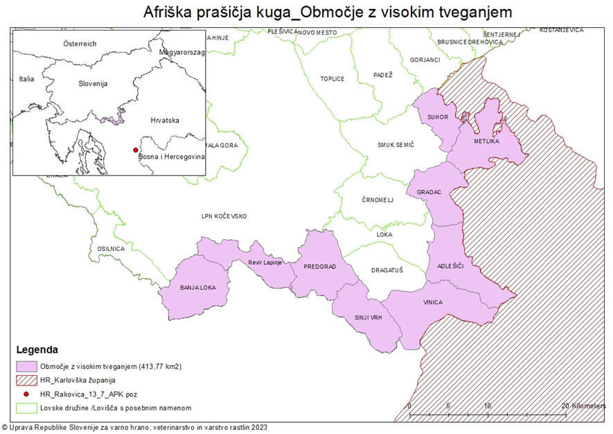 Zemljevid Slovenije. Z roza barvo je označeno območje z visokim tveganjem. 