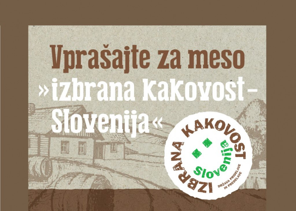 Napis Vprašajte za meso izbrana kakovost Slovenija ter logotip sheme izbrana kakovost