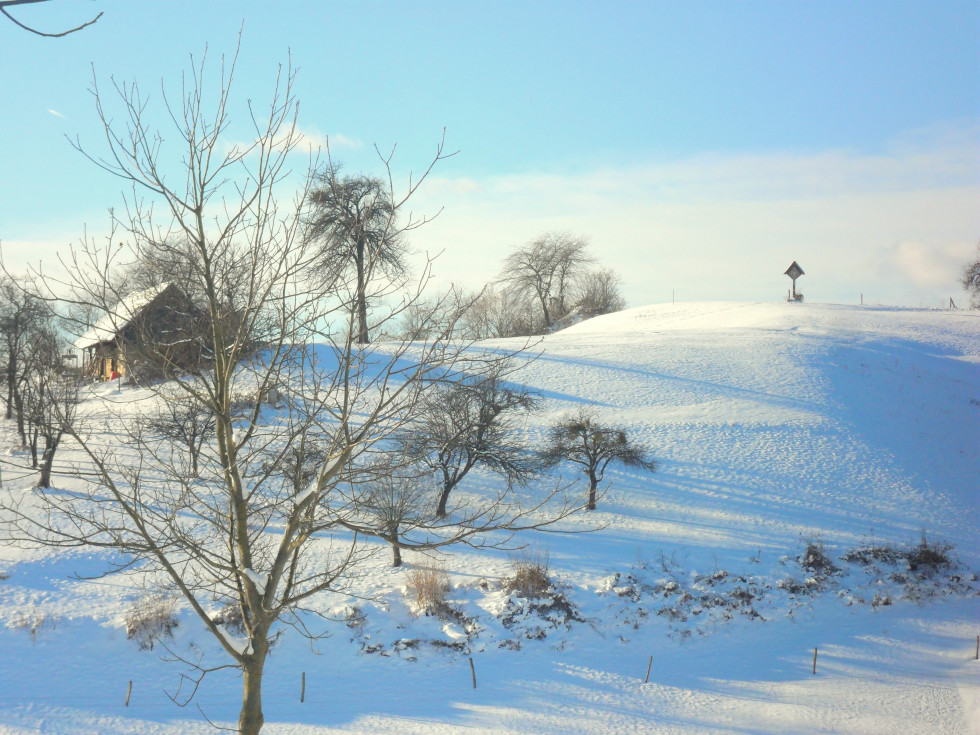 Zimska pokrajina s hišo na hribu 