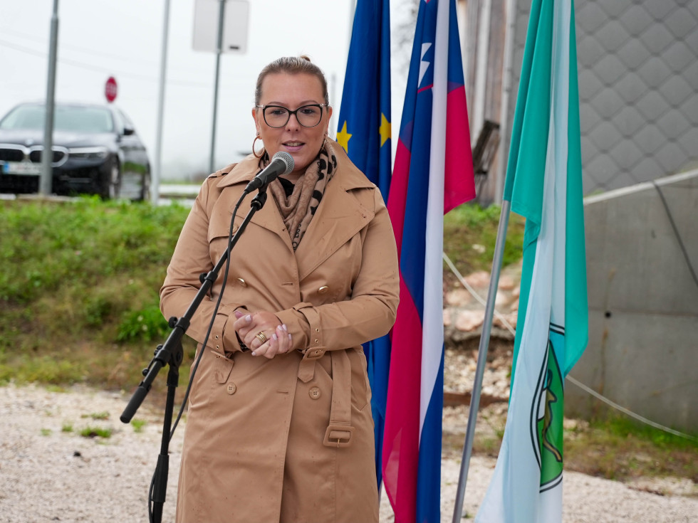 Ministrica stoji pred mikrofonom in govori. Zadaj zastave.