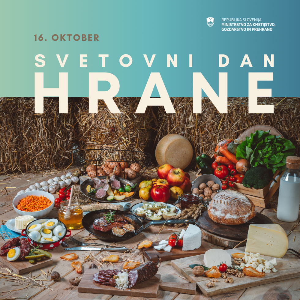 S hrano bogato obložena tla, v ozadju seno, napis 16 oktober svetovni dan hrane
