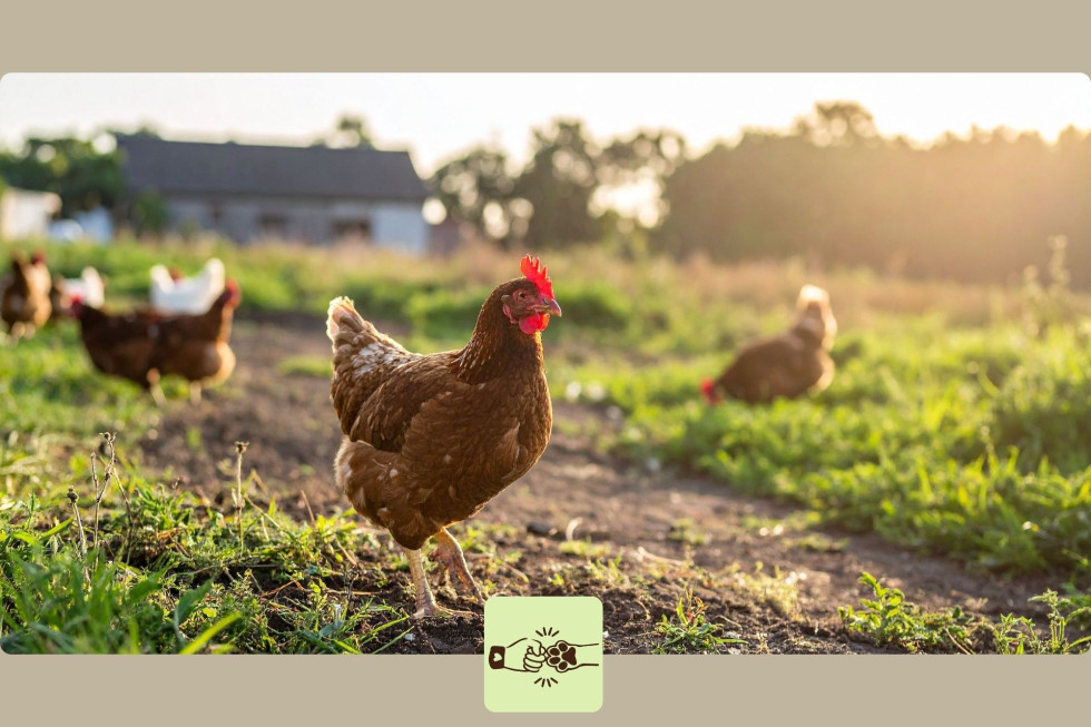 Kokoši so zunaj na travi. V ozadju hiša.