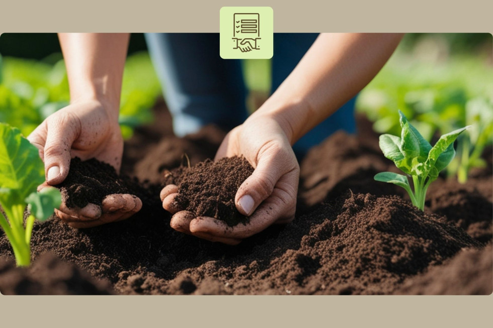 Iz zemlje rastejo rastline. Moška roka drži zemljo v roki. 