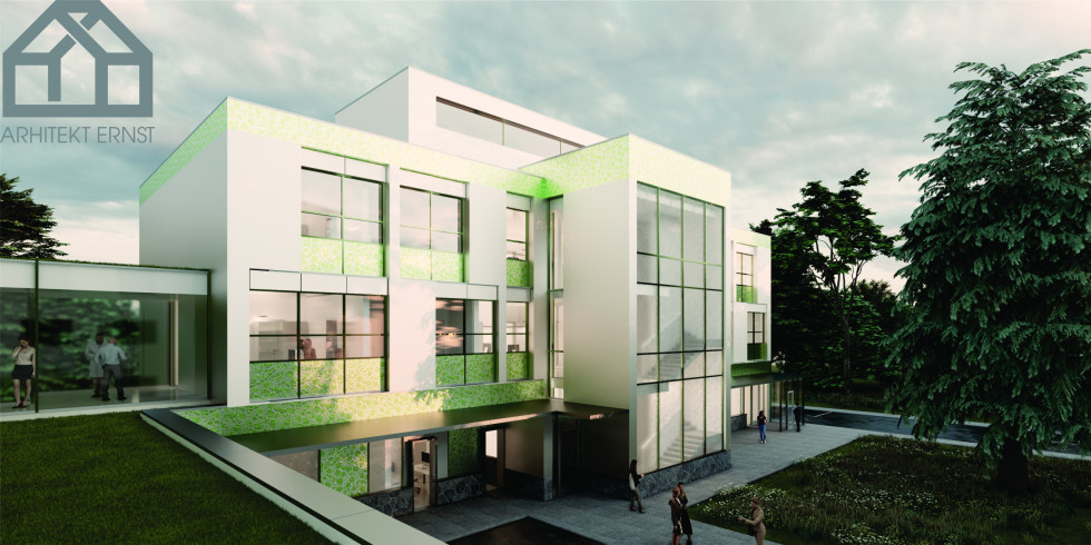 render dvo-nadstropne bele stavbe ze delno zelenimi okni