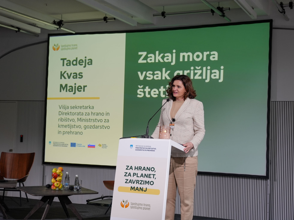 Predstavnica MKGP stoji na odru, za njo platno.