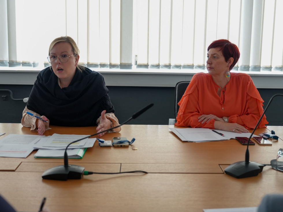 Dve osebi sedita za leseno mizo in se pogovarjata. 