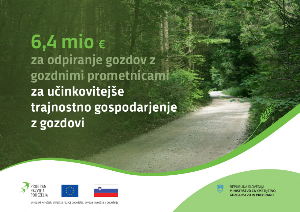 Infografika s sliko gozdne ceste in napisom 6,4 mio EUR za odpiranje gozdov z gozdnimi prometnicami za učinkovitejše trajnostno gospodarjenje z gozdovi