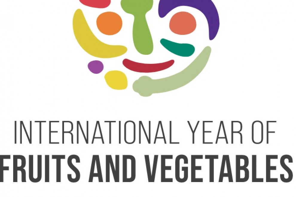 Logotip: krog sestavljen iz ilustracij pisane zelenjave, spodaj napis Mednarodno leto sadja in zelenjave 2021 v angleščini