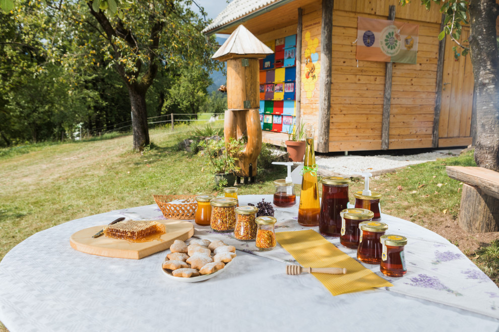 med in čebelji pridelki na mizi, v ozadju čebelnjak
