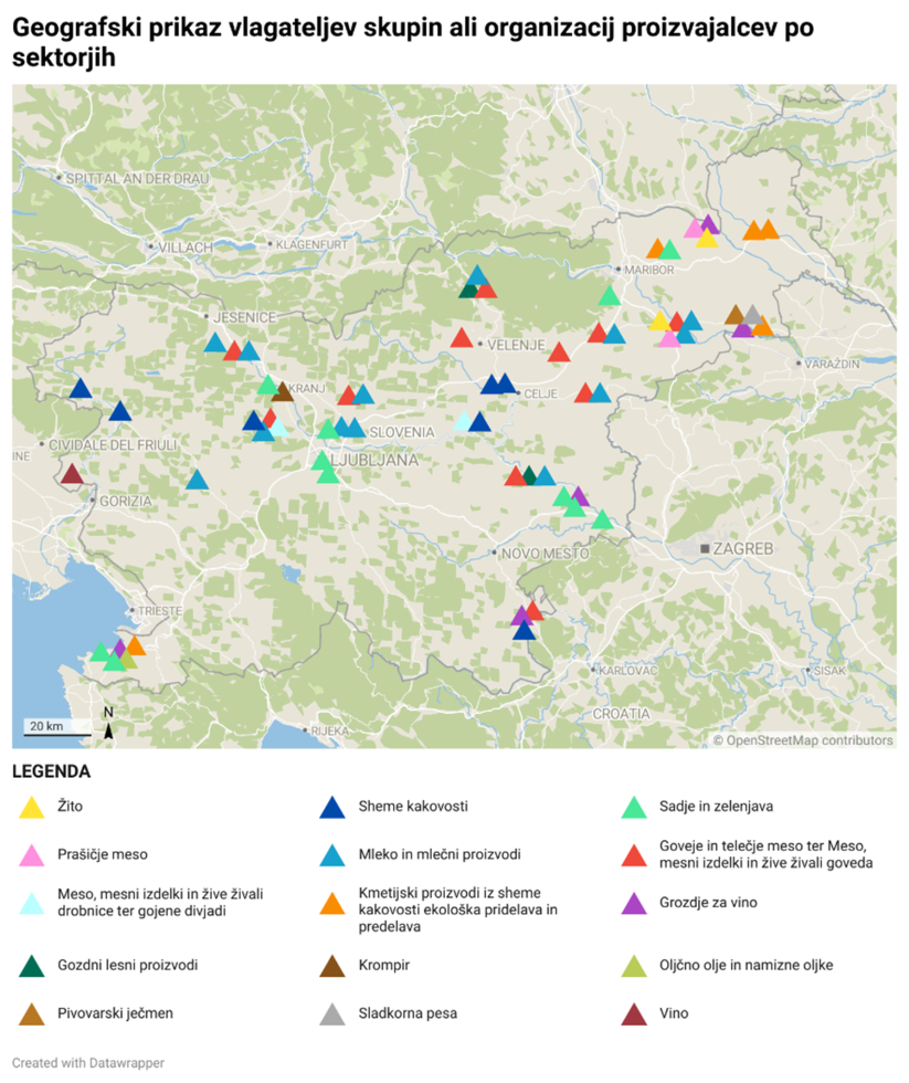 Na sliki je zemljevid Slovenije, ki prikazuje lokacije vlagateljev skupin ali organizacij proizvajalcev