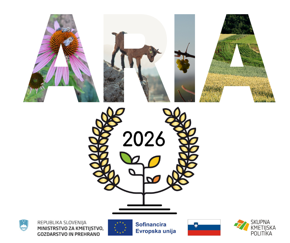 Logotipi natečaja ARIA 2026, EU, SKP in Slovenska zastava
