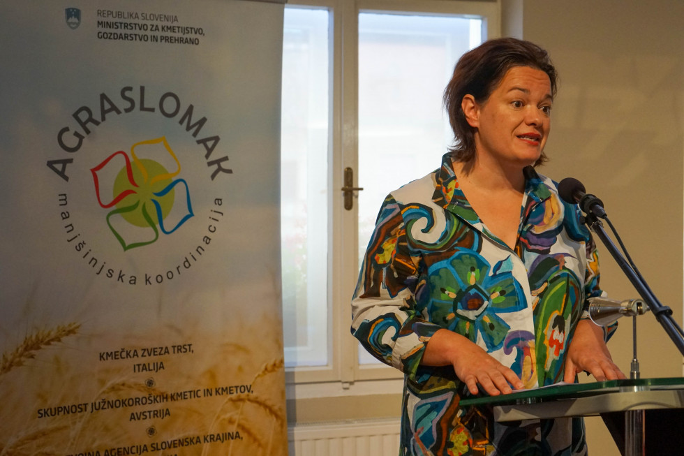 Državna sekretarka stoji za govorniškim pultom in govori. 