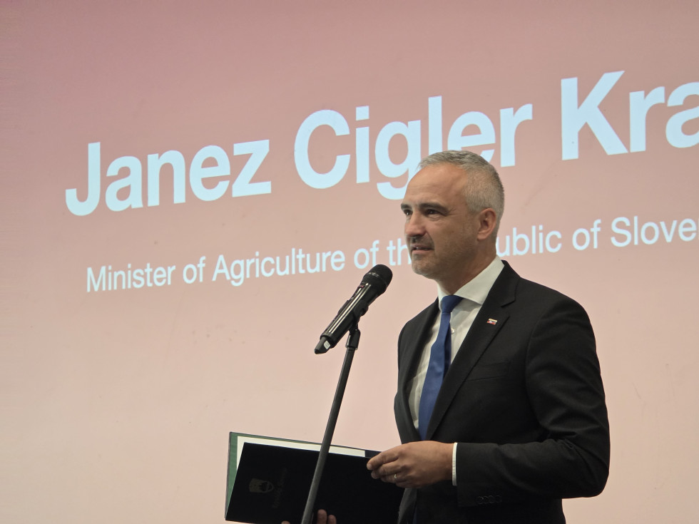 Minister stoji za mikrofonom in govori. V rokah drži mapo. 