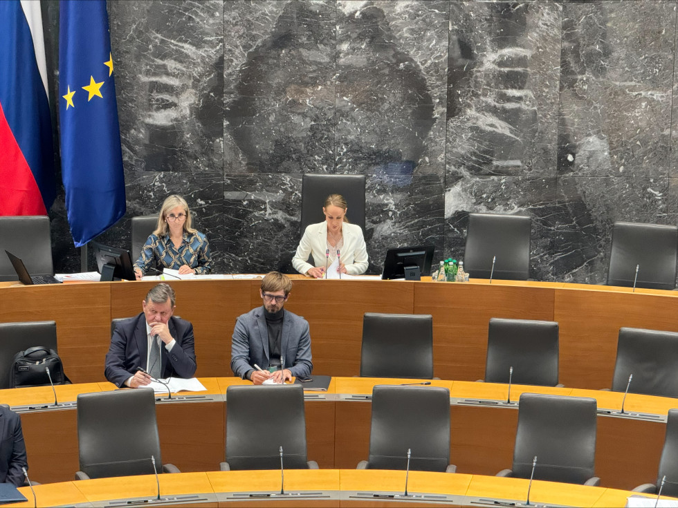 Minister in državni sekretar sedita v dvorani v Državnem zboru Republike Slovenije. Zadaj siva stena in slovenska in evropska zastava.