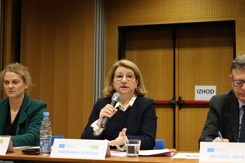 Ženska sedi in govori v mikrofon. Pred njo tablica z imenom.