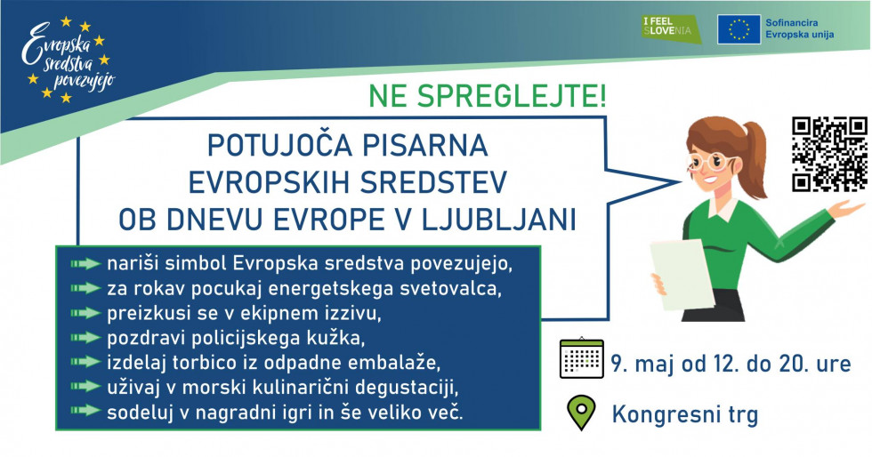 Na grefiki so napisani podatki o dogodku ob Dnevu Evrope, ki bo 9. maja 2023 med 8. in 20. uro na Kongresnem trgu v Ljubljani. Hkrati bo to tudi postojanka potujoče pisarne Evropska sredstva povezujejo.