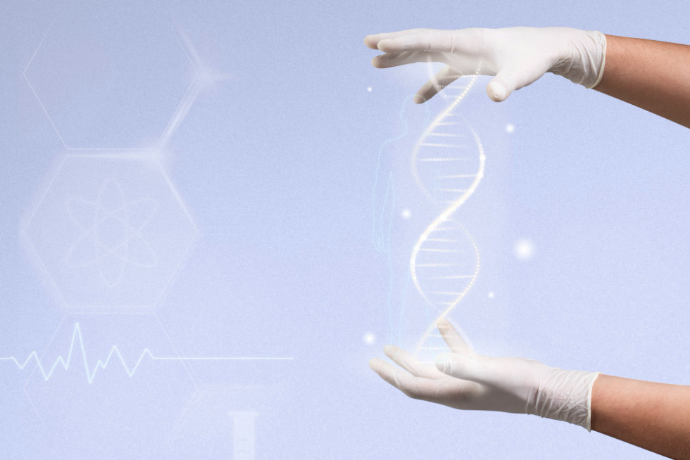 DNA graphic between a man's outstretched arms