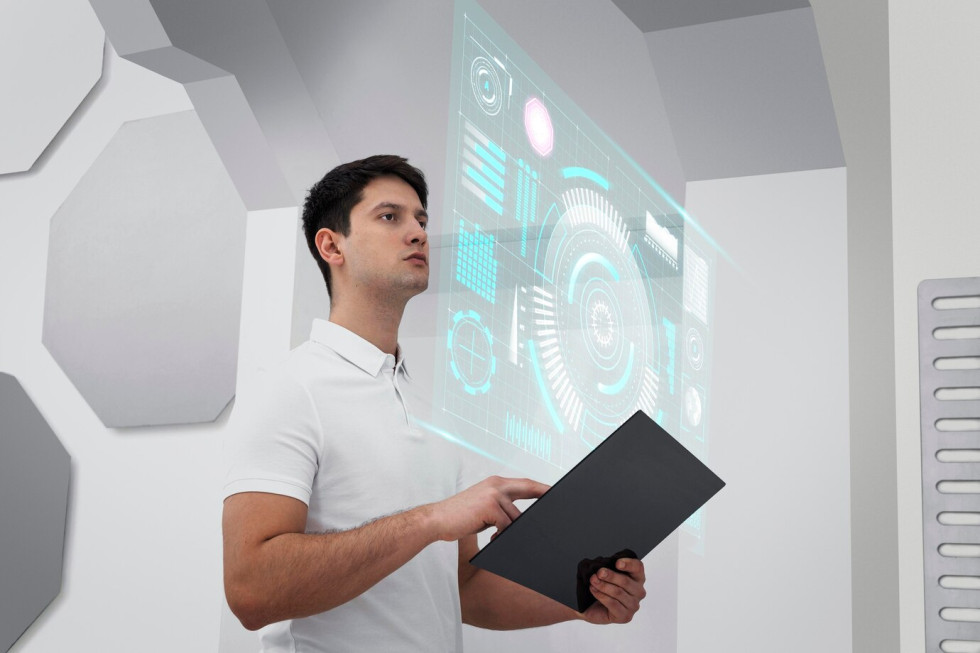 Symbolic photo of a man operating a tablet computer, with charts drawn on the wall behind him