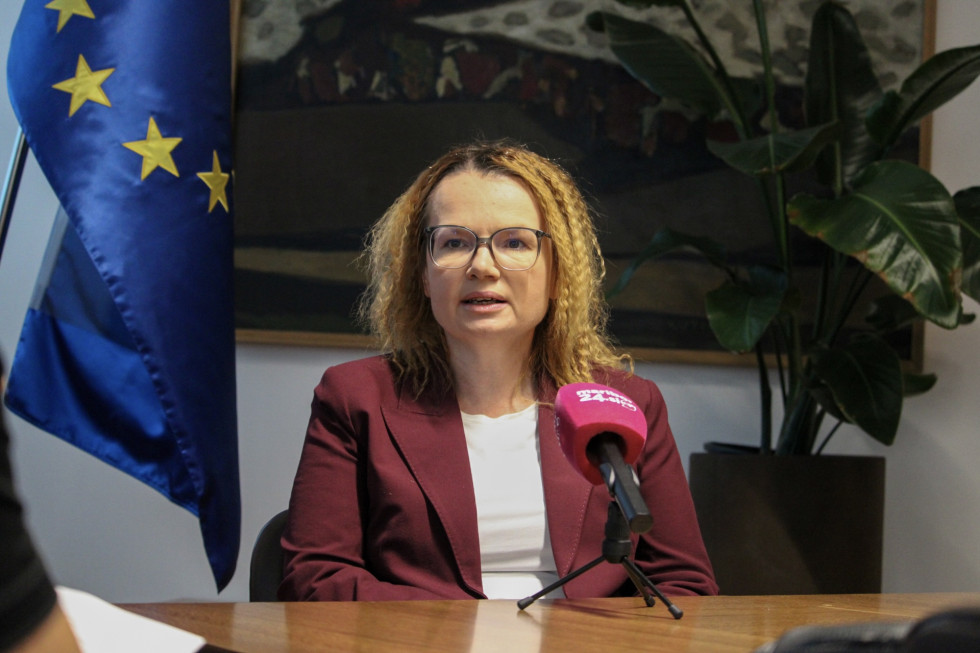 Ministrica sedi pred mikrofonom.